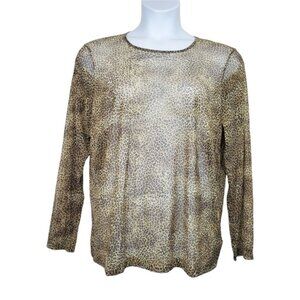 Jones New York Womens Long Sleeve‎ Y2K Leopard Print Sheer Mesh Top Size 2X